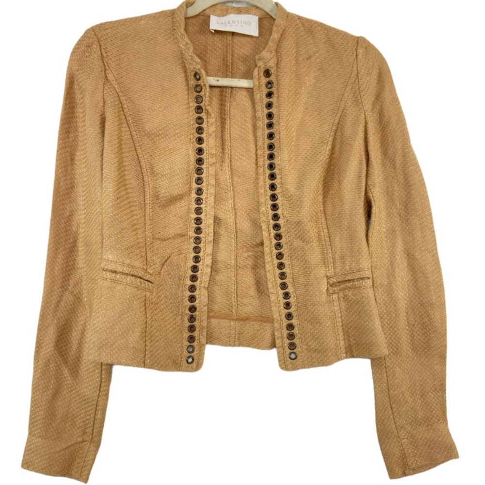 Valentino Spa camel color grommet ope jacket / cardigan. 100% linen size 4